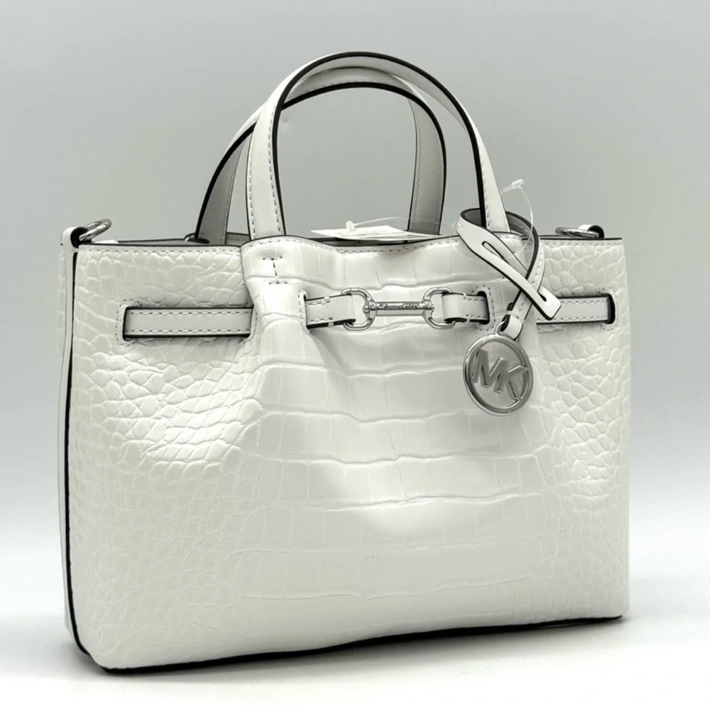 Michael Kors Carson Small Crocodile Embossed Satchel Bag Optic White